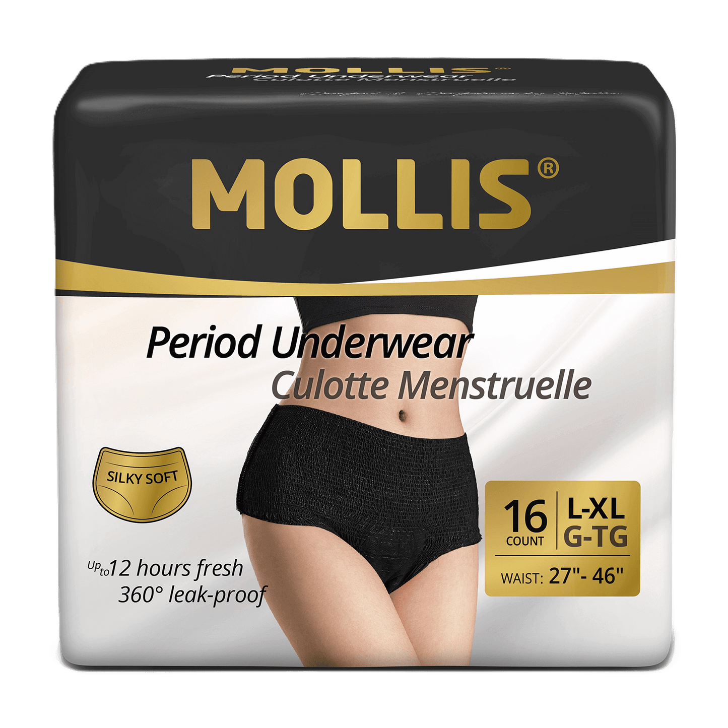 Mollis disposable period underwear LXL, 16 pack. Designed for comfort, secure leak protection, and softness to support confidence anytime.