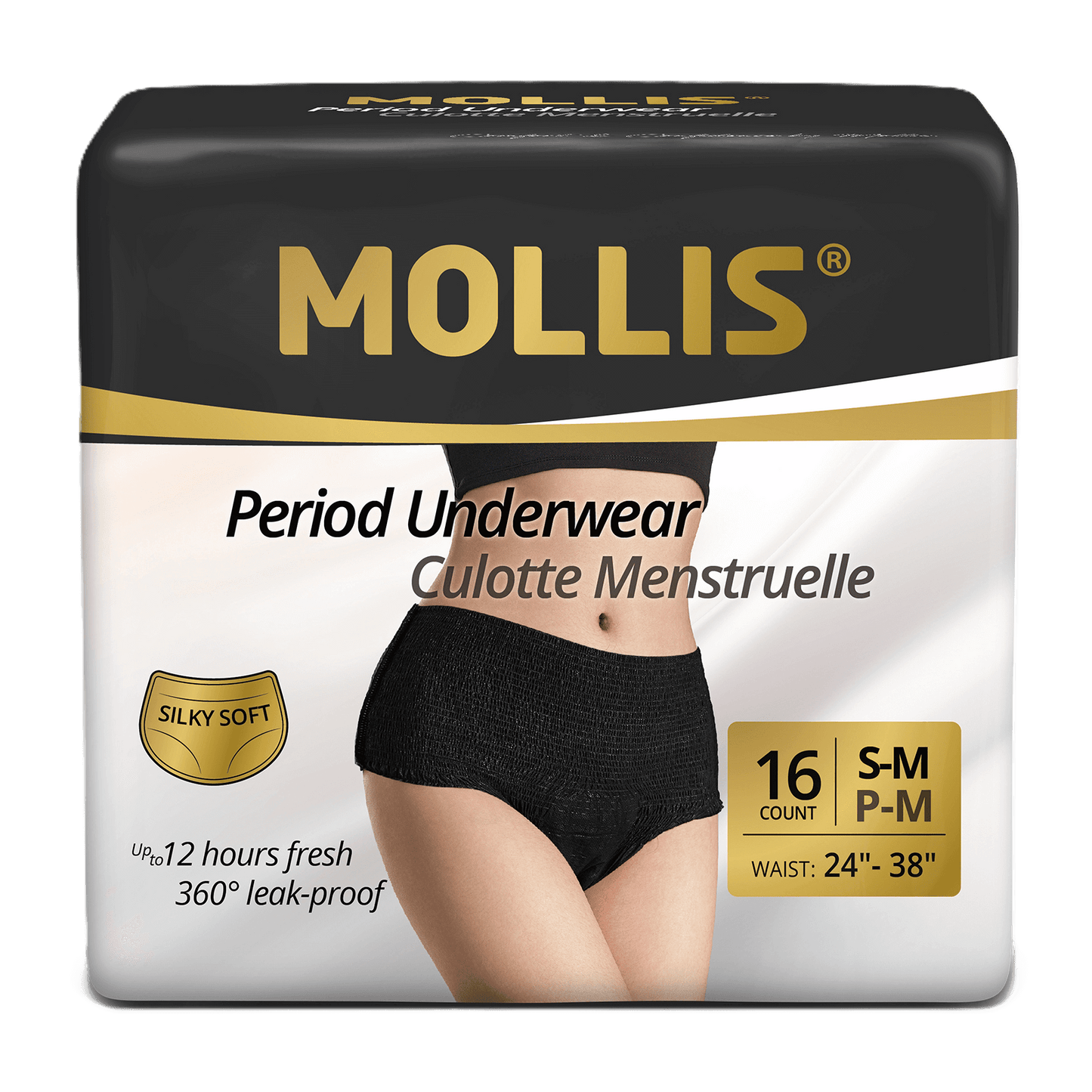 Mollis disposable period underwear S/M, 16 pack. Comfortable, soft, and reliable leak protection for everyday wear and peace of mind.