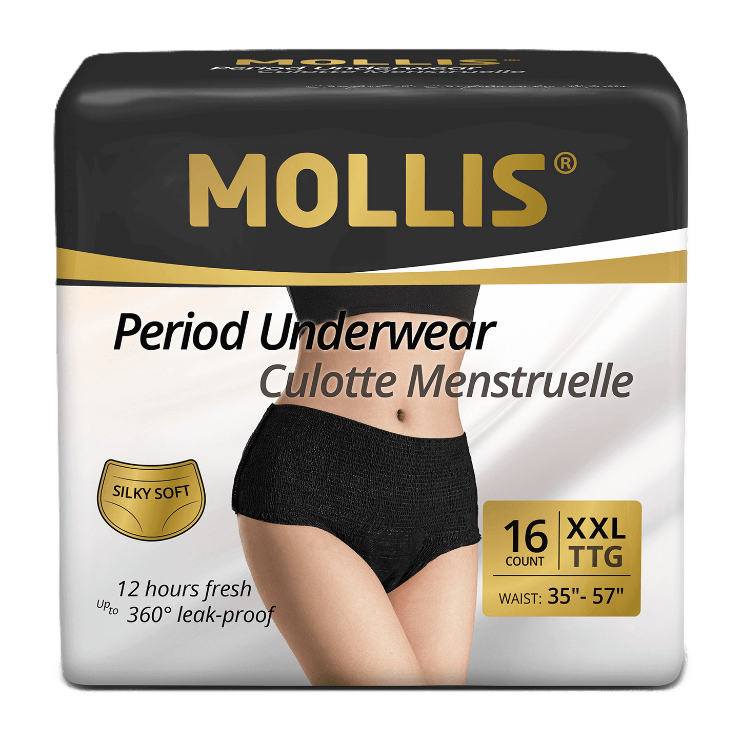 Mollis disposable period underwear XXL, 16 pack. Extra coverage, soft comfort, and strong absorption for worry-free protection day and night.