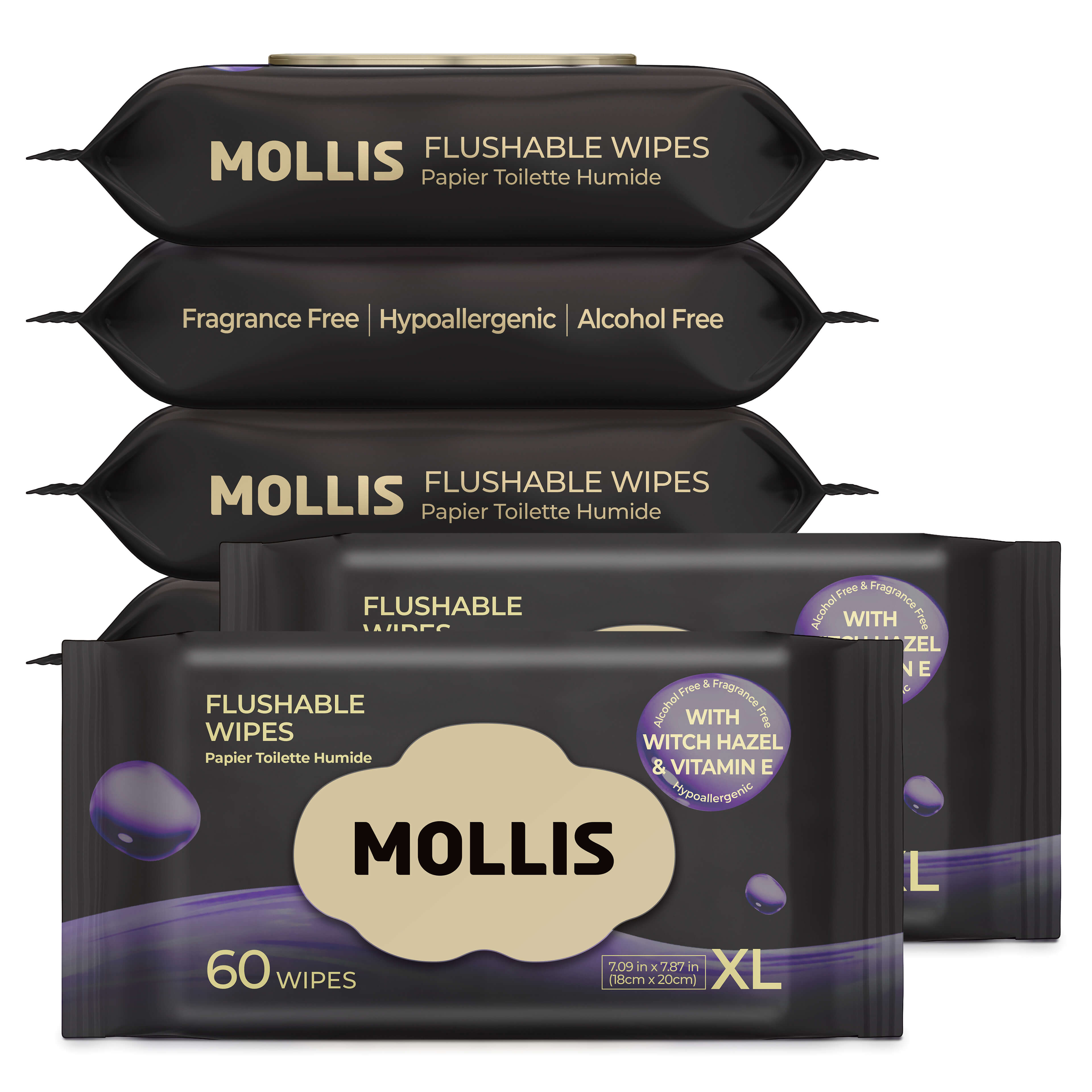 MOLLIS Flushable Wipes for Adults, Extra Large with Witch Hazel, 360 Count