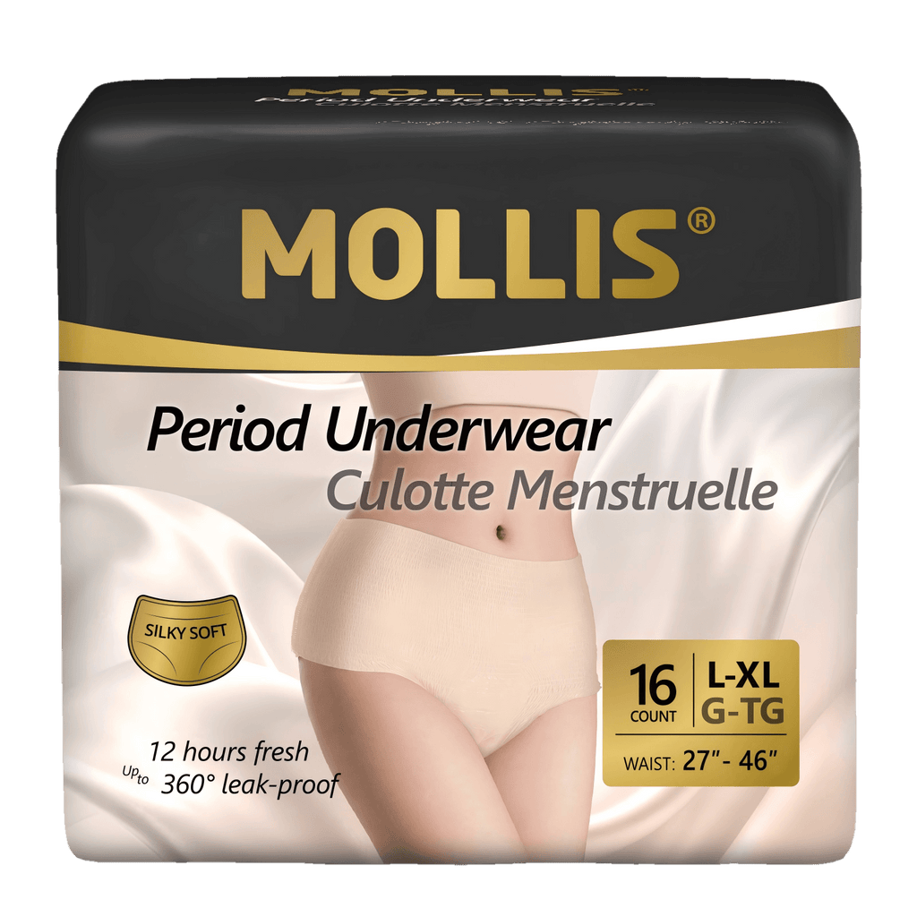Mollis disposable period underwear XXL, 16 pack. Extra coverage, soft comfort, and strong absorption for worry-free protection day and night. #SIZE_NLXL