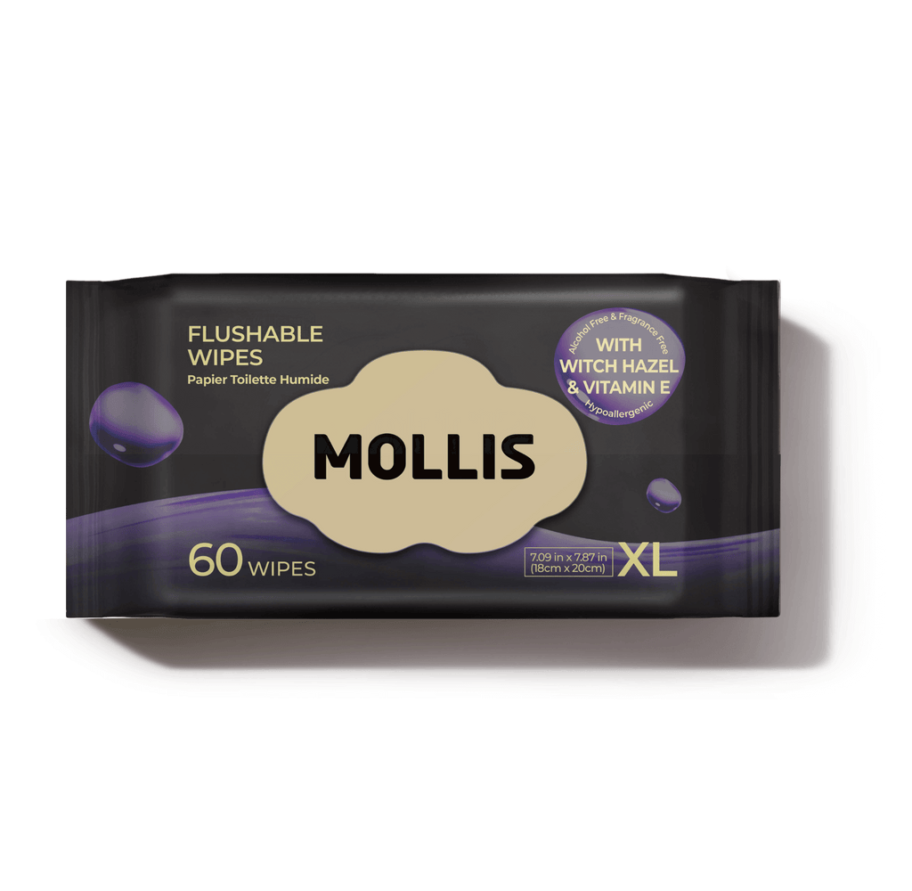 MOLLIS Flushable Wipes for Adults, Extra Large with Witch Hazel, 60 Count