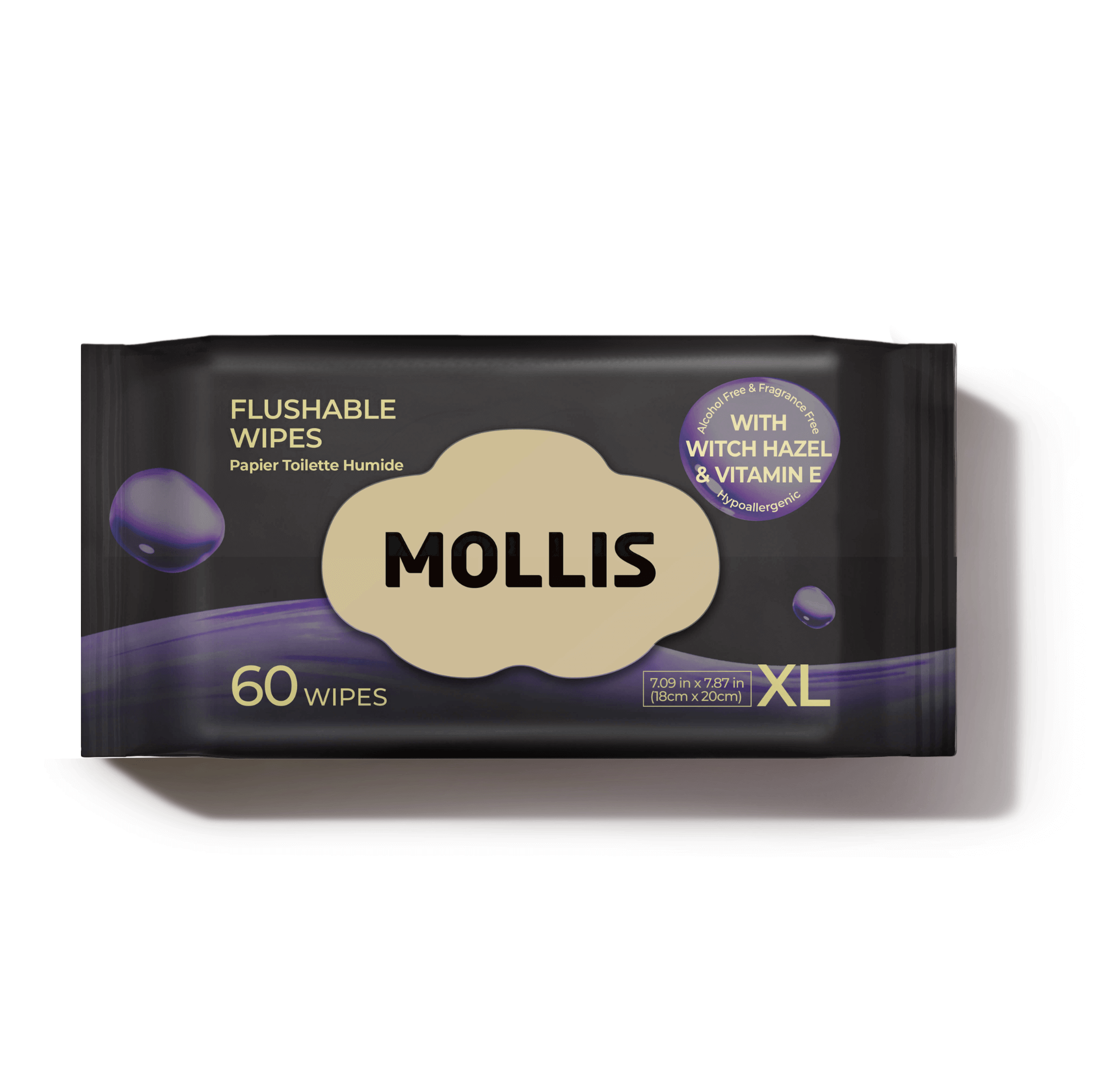 MOLLIS Flushable Wipes for Adults, Extra Large with Witch Hazel, 60 Count