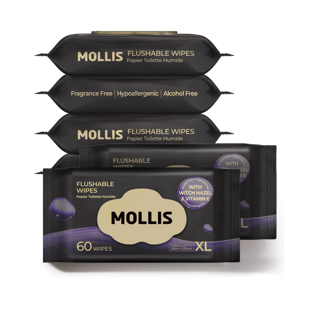 MOLLIS Flushable Wipes for Adults, Extra Large with Witch Hazel, 60 Count