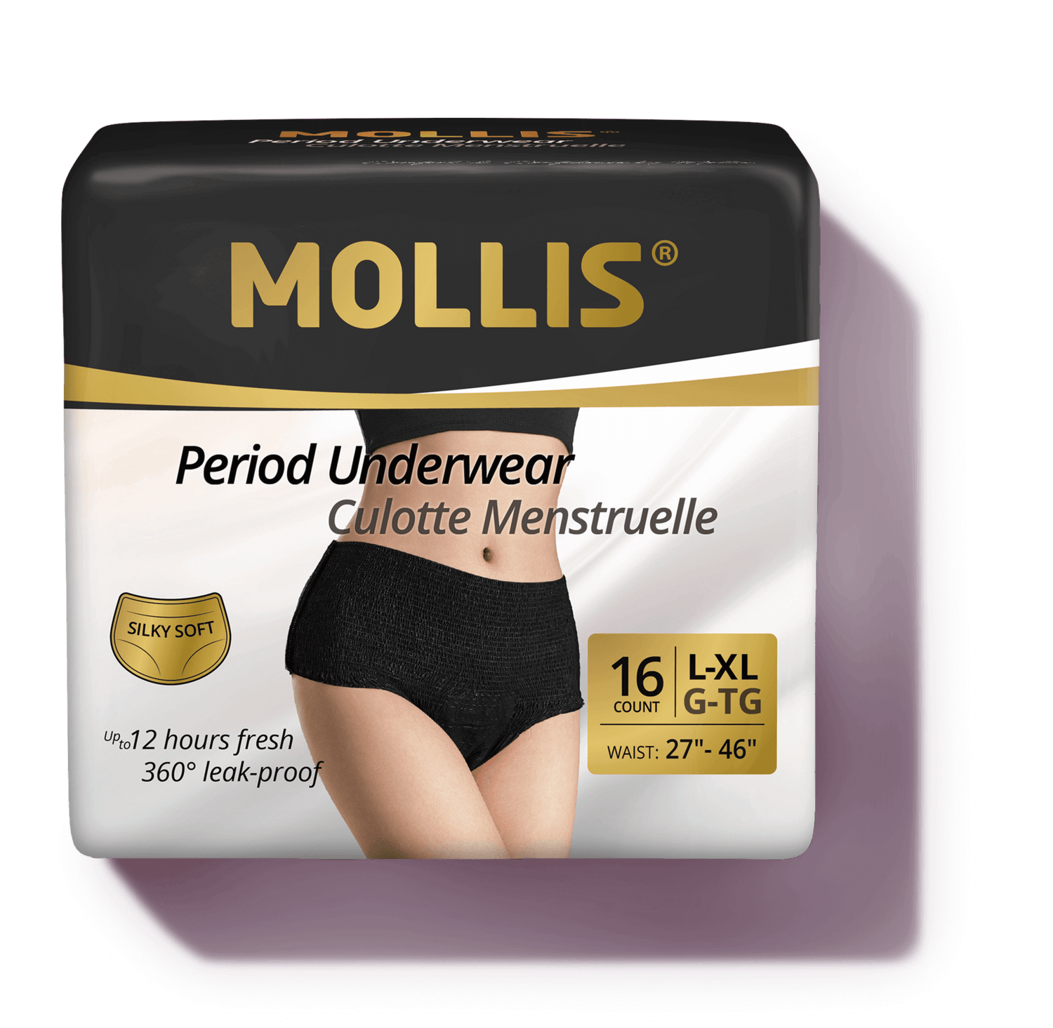 Mollis luxurious disposable period underwear showcased in a floating projection image, highlighting its sleek design, comfort, and premium protection features.