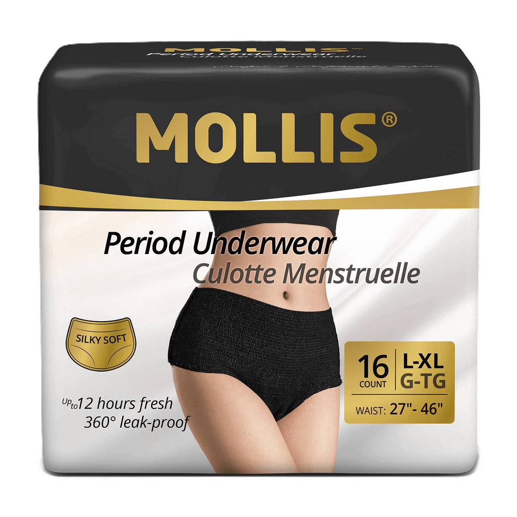 Mollis disposable period underwear LXL, 16 pack. Designed for comfort, secure leak protection, and softness to support confidence anytime.