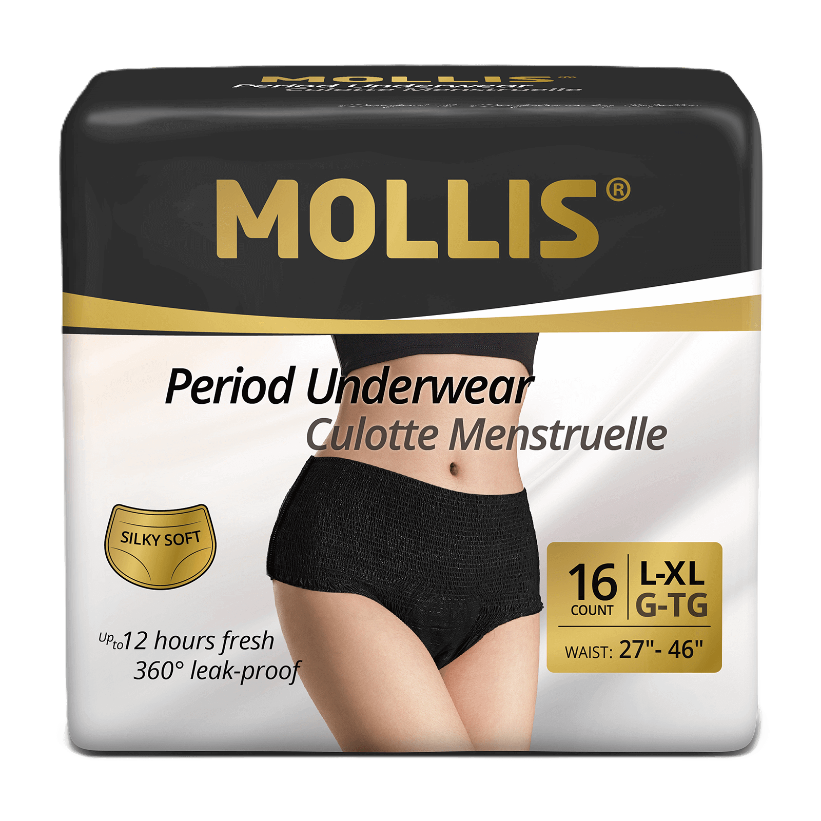 Mollis disposable period underwear LXL, 16 pack. Designed for comfort, secure leak protection, and softness to support confidence anytime.