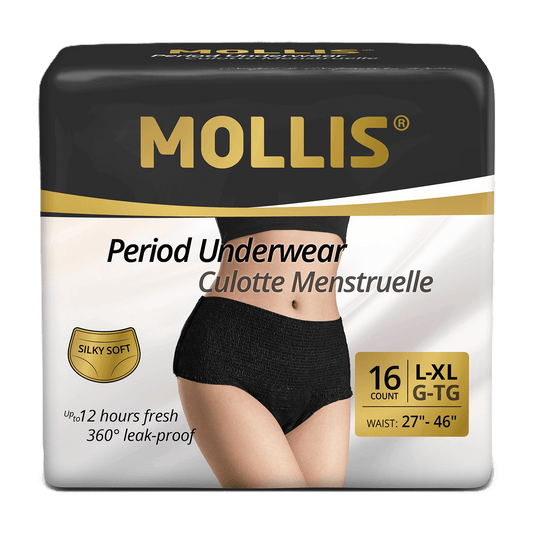 Mollis disposable period underwear LXL, 16 pack. Designed for comfort, secure leak protection, and softness to support confidence anytime.