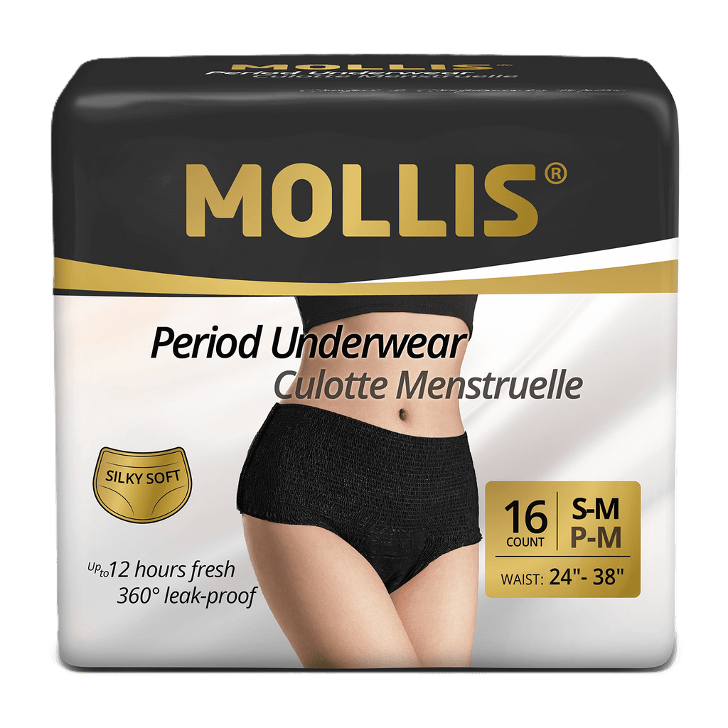 Mollis disposable period underwear S/M, 16 pack. Comfortable, soft, and reliable leak protection for everyday wear and peace of mind.