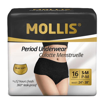 Mollis disposable period underwear S/M, 16 pack. Comfortable, soft, and reliable leak protection for everyday wear and peace of mind.