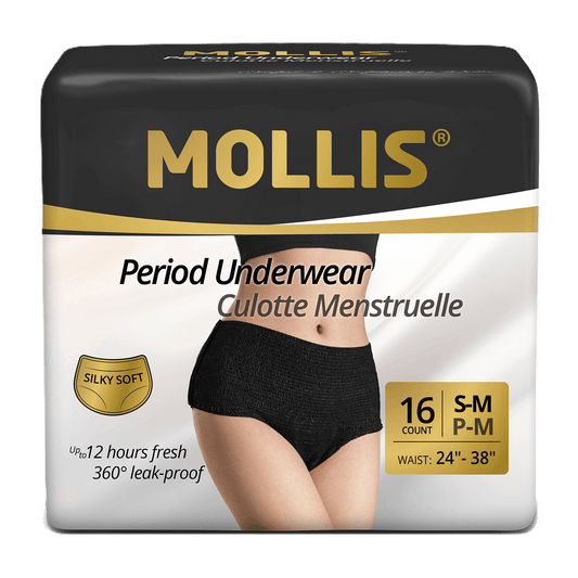 Mollis disposable period underwear S/M, 16 pack. Comfortable, soft, and reliable leak protection for everyday wear and peace of mind.