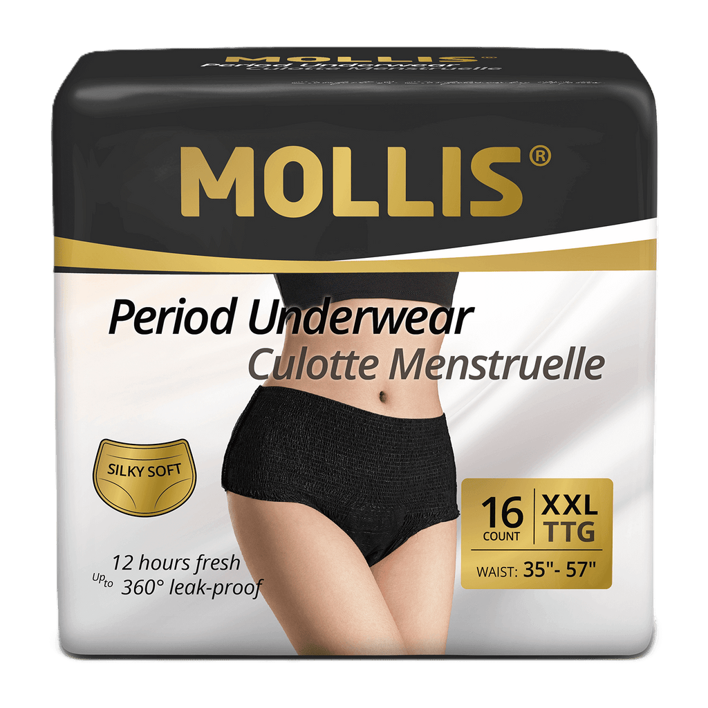 Mollis disposable period underwear XXL, 16 pack. Extra coverage, soft comfort, and strong absorption for worry-free protection day and night.