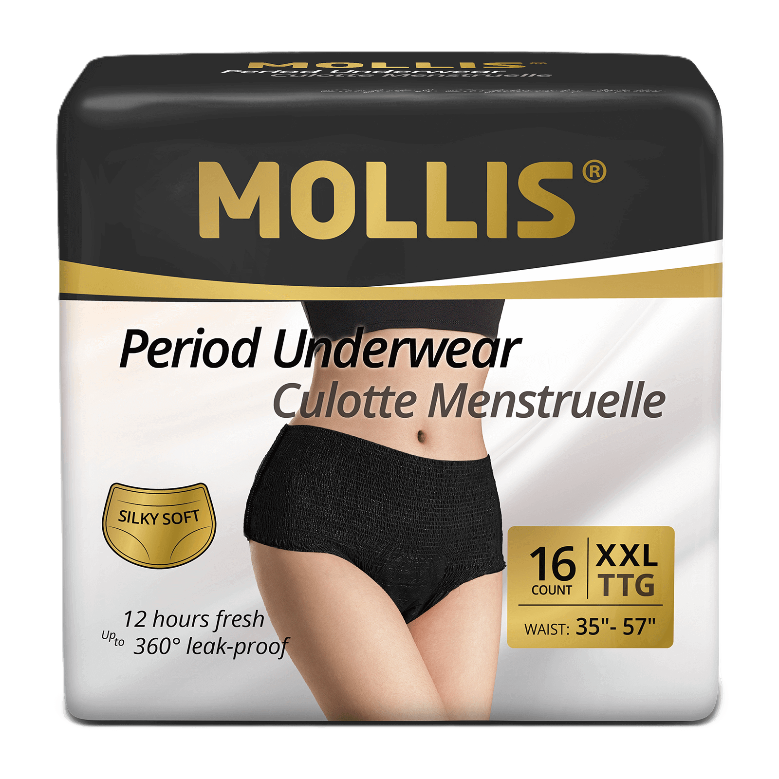 Mollis disposable period underwear XXL, 16 pack. Extra coverage, soft comfort, and strong absorption for worry-free protection day and night.