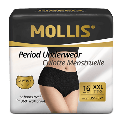 Mollis disposable period underwear XXL, 16 pack. Extra coverage, soft comfort, and strong absorption for worry-free protection day and night.